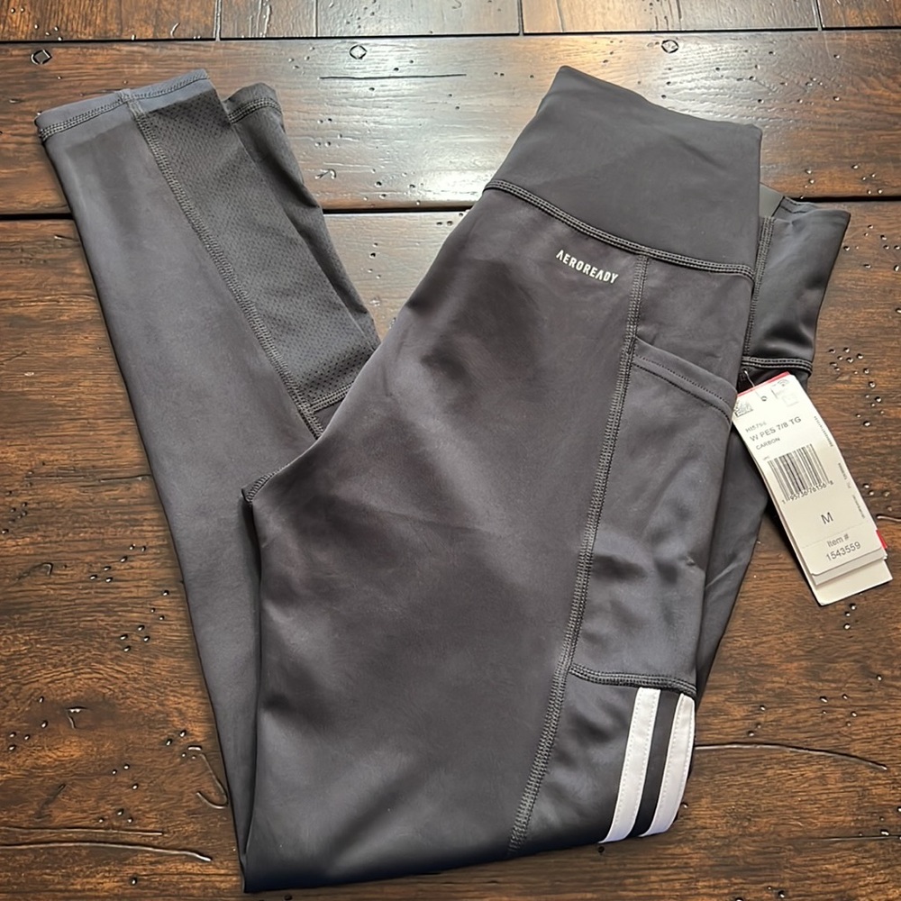ADIDAS Ladies' 3-Stripe w/Mesh NWT leggings Carbon Sz Med Tight Fit 7/8 Style - Picture 6 of 15